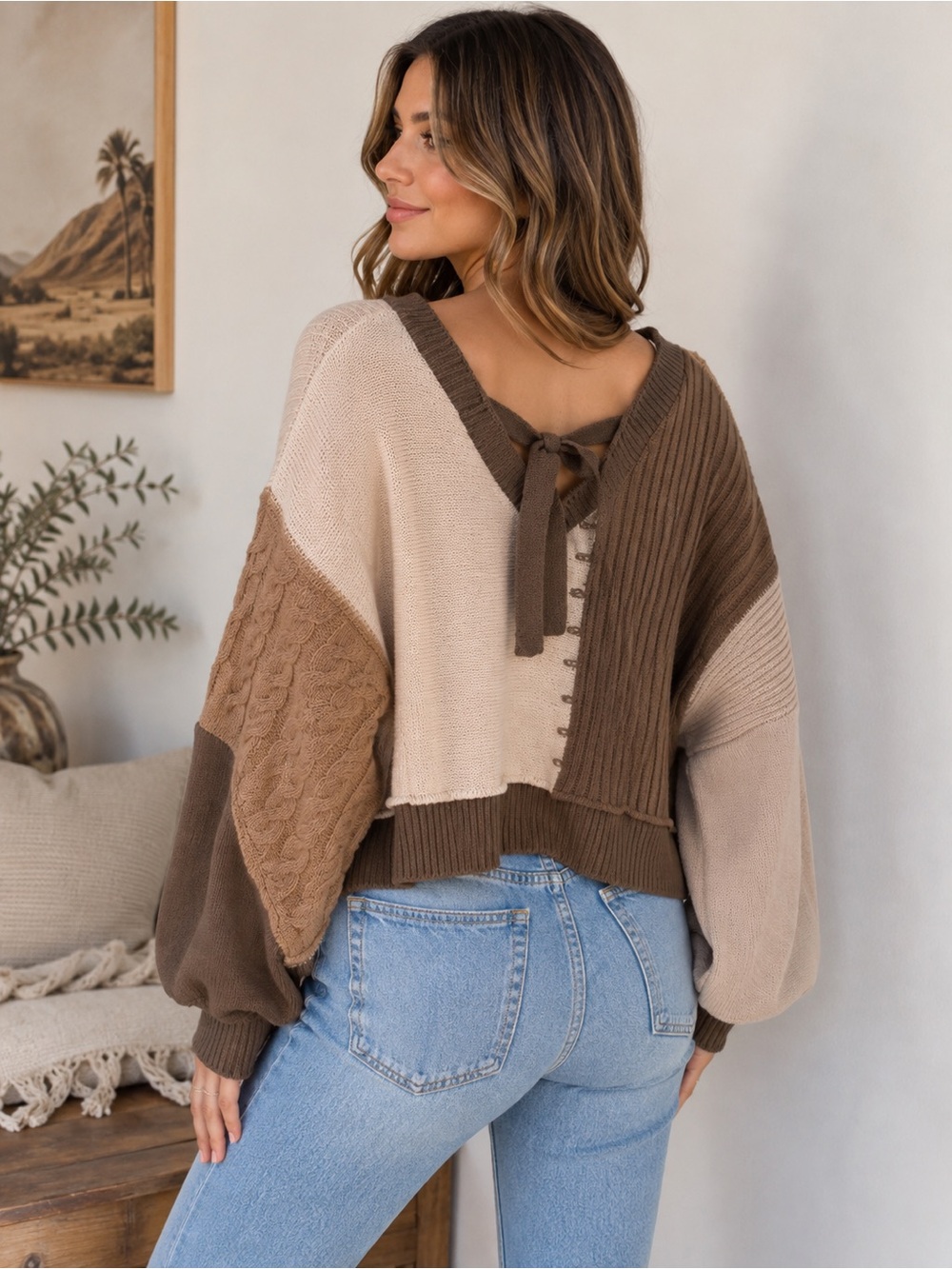 POL Patchwork Colorblock Cable-Knit Tie-Back Sweater - Picture 2 of 4